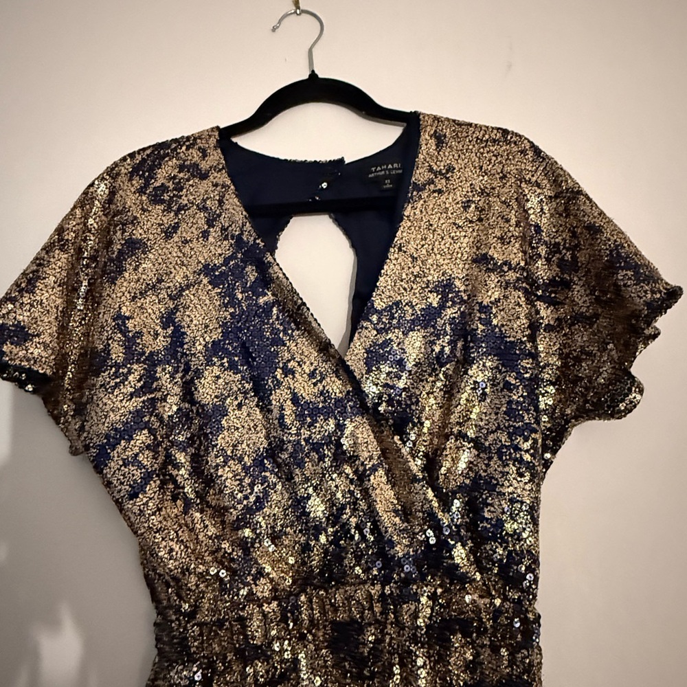 Tahari Gold and Navy Sequin Party Dress